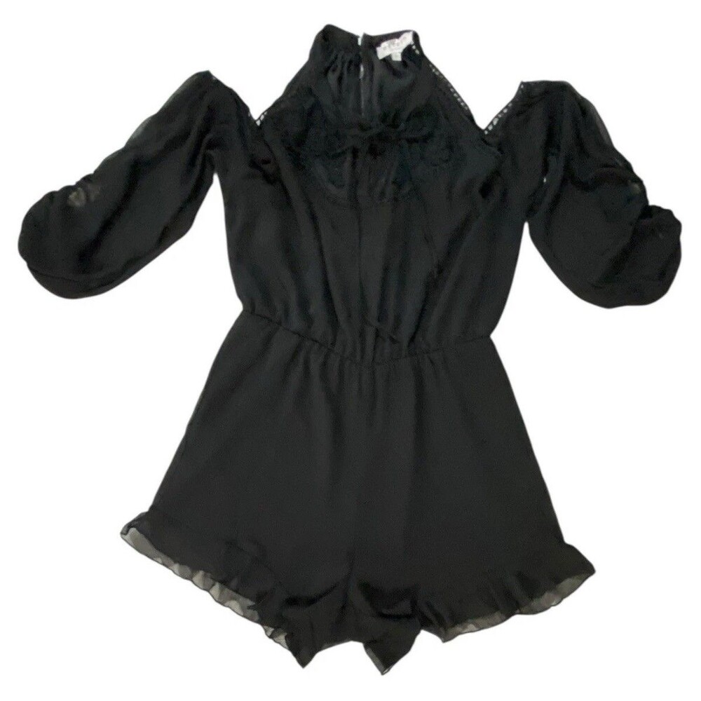 Hayden Los Angeles Womens Large Black Lace Cold Shoulder Sheer Sleeve Romper